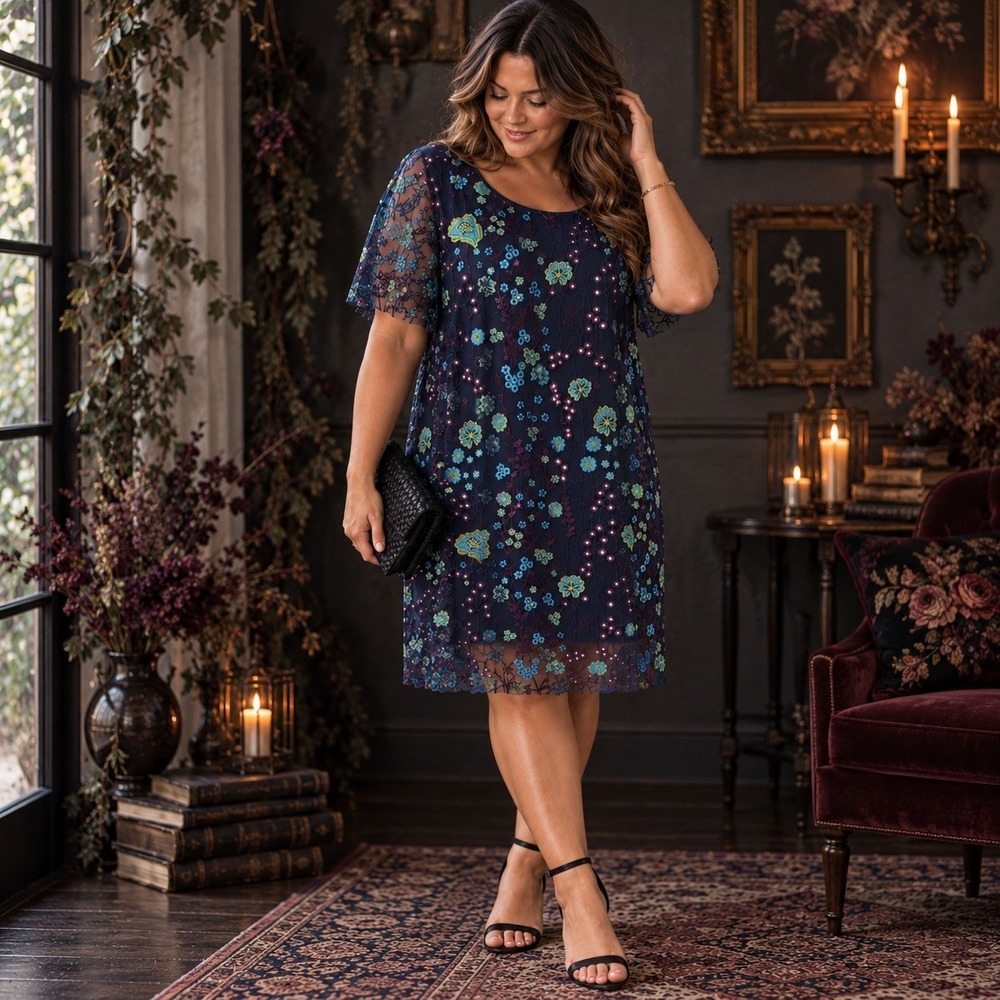 Tahari 22W Embroidered Mesh Shift Dress Navy Floral Whimsical Romantic Boho